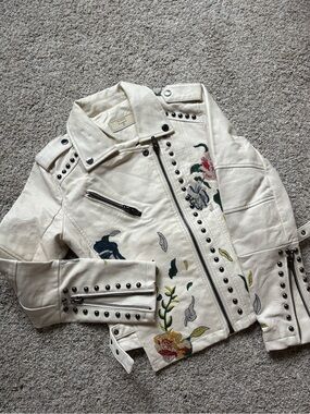 Women's Cream Embroidered Studded Moto Jacket
